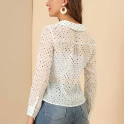 Allegra K Women's Heart Dots Turn Down Collar Sheer Long Sleeve Chiffon Blouse Top