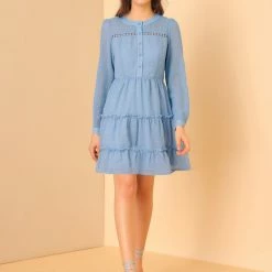 Allegra K Women's Swiss Dots Elastic Waist Gathering Flowy Tiered Chiffon Dress