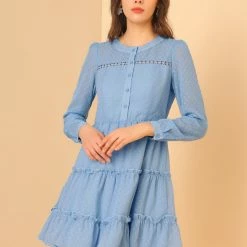 Allegra K Women's Swiss Dots Elastic Waist Gathering Flowy Tiered Chiffon Dress