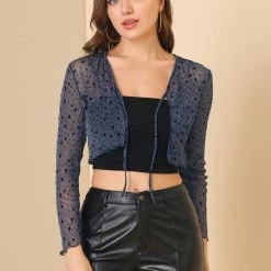 Allegra K Women's Glitter Blouse Star V Neck Semi-Sheer Tie Front Long Sleeve Shrug Top