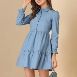 Allegra K Women's Babydoll Shirt Dress Cotton Button Front Dress