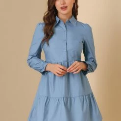 Allegra K Women's Babydoll Shirt Dress Cotton Button Front Dress