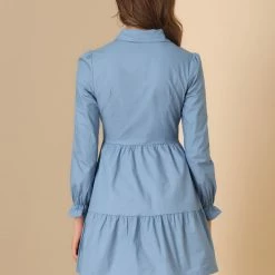 Allegra K Women's Babydoll Shirt Dress Cotton Button Front Dress