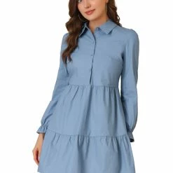 Allegra K Women's Babydoll Shirt Dress Cotton Button Front Dress
