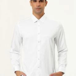 Allegra K Men's Solid Long Sleeve Shirts Button Down Point Collar Slim Fit Dress Shirts