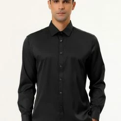 Allegra K Men's Solid Long Sleeve Shirts Button Down Point Collar Slim Fit Dress Shirts