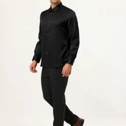 Allegra K Men's Solid Long Sleeve Shirts Button Down Point Collar Slim Fit Dress Shirts