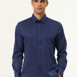 Allegra K Men's Solid Long Sleeve Shirts Button Down Point Collar Slim Fit Dress Shirts