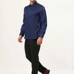 Allegra K Men's Solid Long Sleeve Shirts Button Down Point Collar Slim Fit Dress Shirts