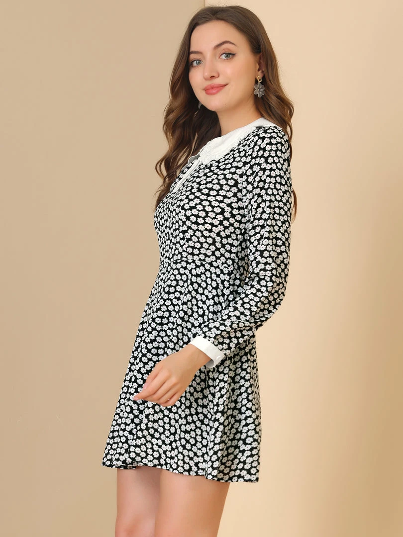 Allegra K Women's Contrast Ruffle Peter Pan Collar Dresses Button Front Floral Long Sleeve Above Knee Dress 7 Allegra K Women's Contrast Ruffle Peter Pan Collar Dresses Button Front Floral Long Sleeve Above Knee Dress