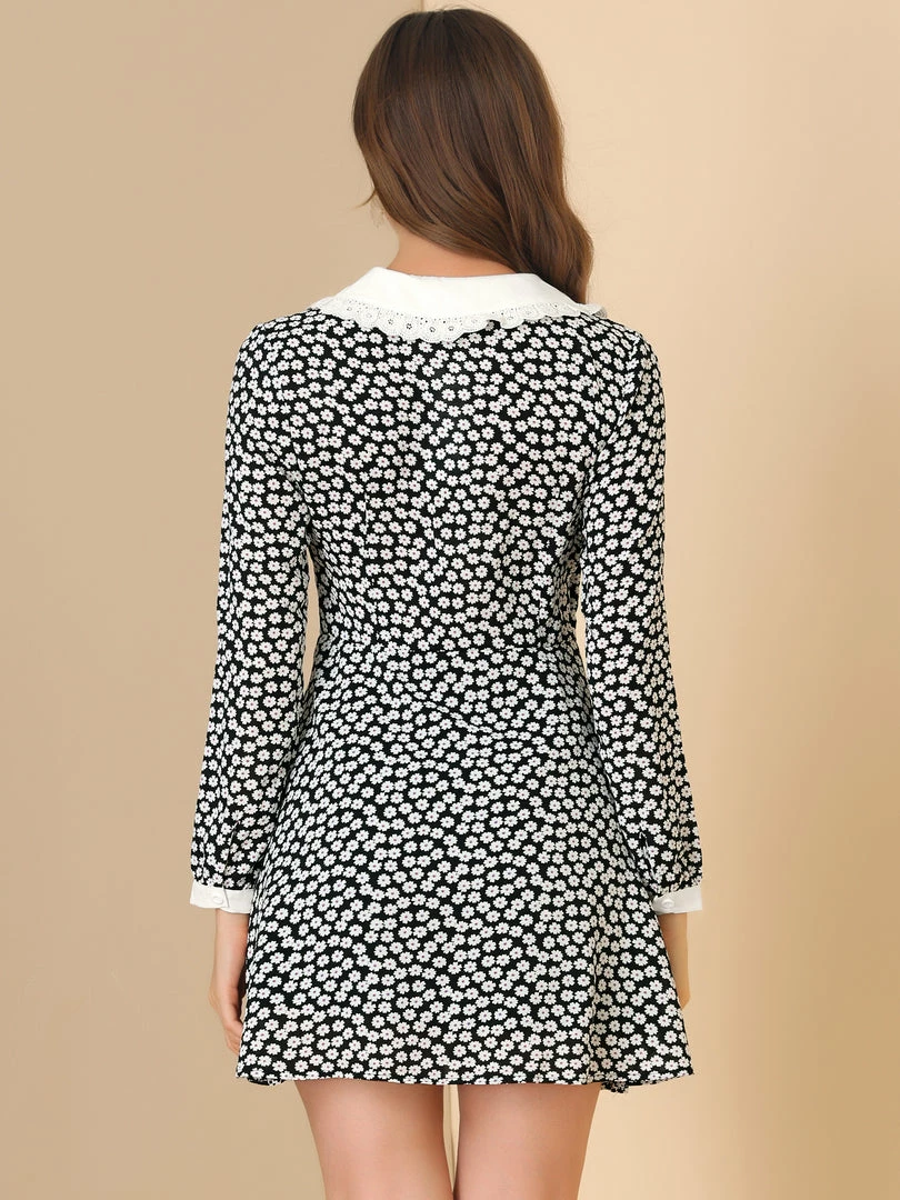 Allegra K Women's Contrast Ruffle Peter Pan Collar Dresses Button Front Floral Long Sleeve Above Knee Dress 8 Allegra K Women's Contrast Ruffle Peter Pan Collar Dresses Button Front Floral Long Sleeve Above Knee Dress