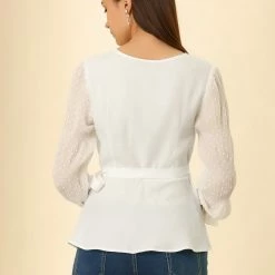 Allegra K Women's Bow Tie Waist Blouse Puff Swiss Dots Semi-sheer Long Sleeve V Neck Chiffon Wrap Top