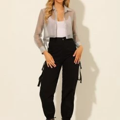 Allegra K Women's Button Front Blouse Tie Hem Point Collar Mesh Sheer Long Sleeve Shirt Top