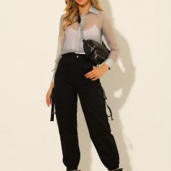 Allegra K Women's Button Front Blouse Tie Hem Point Collar Mesh Sheer Long Sleeve Shirt Top