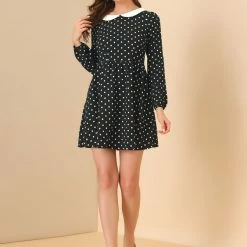 Allegra K Women's Retro Polka Dots A-Line Long Sleeve Contrast Peter Pan Collar Short Dress 12 Allegra K Women's Retro Polka Dots A-Line Long Sleeve Contrast Peter Pan Collar Short Dress