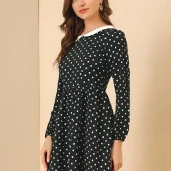 Allegra K Women's Retro Polka Dots A-Line Long Sleeve Contrast Peter Pan Collar Short Dress 13 Allegra K Women's Retro Polka Dots A-Line Long Sleeve Contrast Peter Pan Collar Short Dress