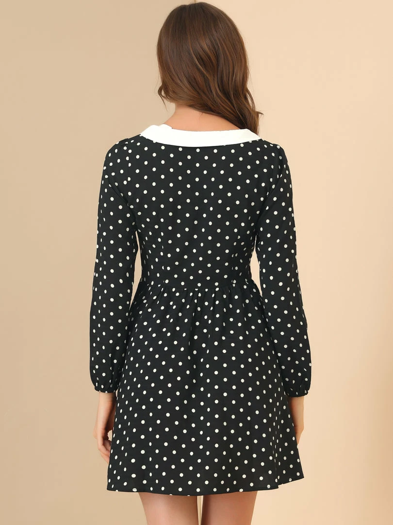 Allegra K Women's Retro Polka Dots A-Line Long Sleeve Contrast Peter Pan Collar Short Dress 8 Allegra K Women's Retro Polka Dots A-Line Long Sleeve Contrast Peter Pan Collar Short Dress
