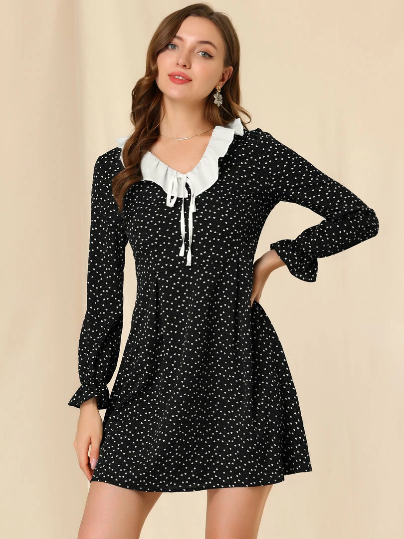 Allegra K Women's Ruffle Neck Heart Print Sweet Cute Chiffon Mini Dress 5 Allegra K Women's Ruffle Neck Heart Print Sweet Cute Chiffon Mini Dress