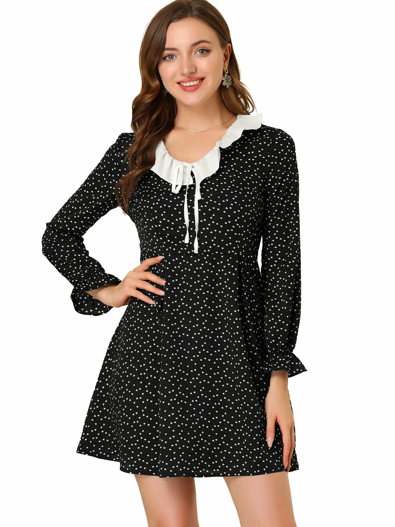 Allegra K Women's Ruffle Neck Heart Print Sweet Cute Chiffon Mini Dress 4 Allegra K Women's Ruffle Neck Heart Print Sweet Cute Chiffon Mini Dress