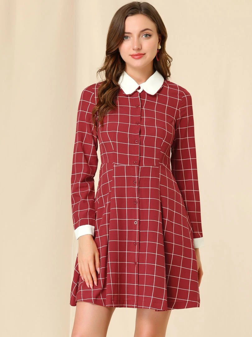Allegra K Women's Peter Pan Collar Contrast A-line Vintage Plaid Dress 5 Allegra K Women's Peter Pan Collar Contrast A-line Vintage Plaid Dress