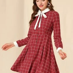 Allegra K Women's Peter Pan Collar Contrast A-line Vintage Plaid Dress 12 Allegra K Women's Peter Pan Collar Contrast A-line Vintage Plaid Dress