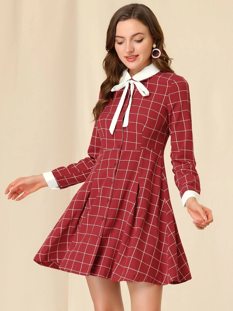 Allegra K Women's Peter Pan Collar Contrast A-line Vintage Plaid Dress 6 Allegra K Women's Peter Pan Collar Contrast A-line Vintage Plaid Dress