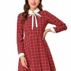 Allegra K Women's Peter Pan Collar Contrast A-line Vintage Plaid Dress