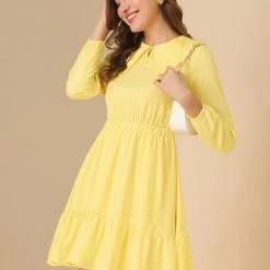 Allegra K Women's Doll Collar Keyhole Front Elasticed Waist Ruffle Hem Dress