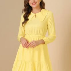 Allegra K Women's Doll Collar Keyhole Front Elasticed Waist Ruffle Hem Dress