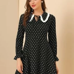 Allegra K Women's Heart Peter Pan Collar Tie Neck Long Sleeve Ruffle Chiffon Dress