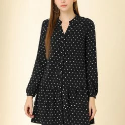 Allegra K Women's Heart Printed V Neck Babydoll Long Sleeve Button Loose Tunic Flowy Mini Dress