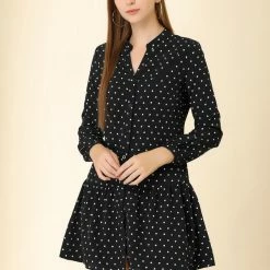 Allegra K Women's Heart Printed V Neck Babydoll Long Sleeve Button Loose Tunic Flowy Mini Dress