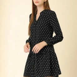 Allegra K Women's Heart Printed V Neck Babydoll Long Sleeve Button Loose Tunic Flowy Mini Dress