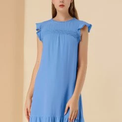Allegra K Women's Cap Sleeve Tie Belt Ruffle Hem Dress