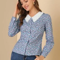 Allegra K Women's Long Sleeve Button Down Floral V Neck Blouse