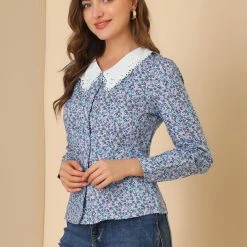 Allegra K Women's Long Sleeve Button Down Floral V Neck Blouse