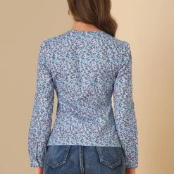 Allegra K Women's Long Sleeve Button Down Floral V Neck Blouse