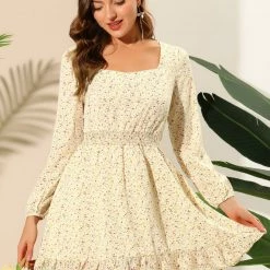 Allegra K Women's Smocked Waist Ruffle Square Neck Elegant Mini Floral Dress