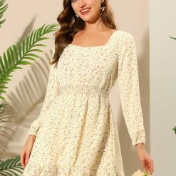 Allegra K Women's Smocked Waist Ruffle Square Neck Elegant Mini Floral Dress