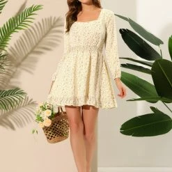 Allegra K Women's Smocked Waist Ruffle Square Neck Elegant Mini Floral Dress