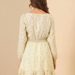 Allegra K Women's Smocked Waist Ruffle Square Neck Elegant Mini Floral Dress