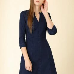 Allegra K Women's Casual A-Line Jeans Split Neck 3/4 Sleeve Short Stretchy Denim Dress 11 Allegra K Women's Casual A-Line Jeans Split Neck 3/4 Sleeve Short Stretchy Denim Dress