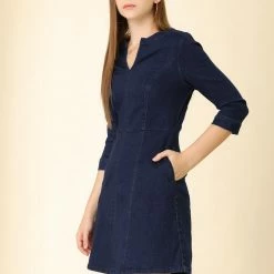 Allegra K Women's Casual A-Line Jeans Split Neck 3/4 Sleeve Short Stretchy Denim Dress 13 Allegra K Women's Casual A-Line Jeans Split Neck 3/4 Sleeve Short Stretchy Denim Dress