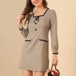 Allegra K Women's Contrast Trim Bow Tie Square Neck Button Decor Puff Long Sleeve Retro Plaid Mini Dress