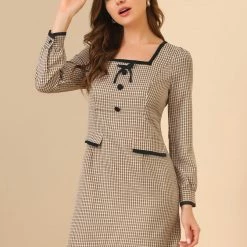 Allegra K Women's Contrast Trim Bow Tie Square Neck Button Decor Puff Long Sleeve Retro Plaid Mini Dress