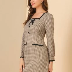 Allegra K Women's Contrast Trim Bow Tie Square Neck Button Decor Puff Long Sleeve Retro Plaid Mini Dress
