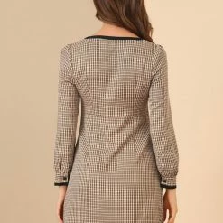 Allegra K Women's Contrast Trim Bow Tie Square Neck Button Decor Puff Long Sleeve Retro Plaid Mini Dress