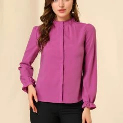 Allegra K Women's Button-Down Work Office Tops Chiffon Ruffled Stand Collar Blouse 68 Allegra K Women's Button-Down Work Office Tops Chiffon Ruffled Stand Collar Blouse