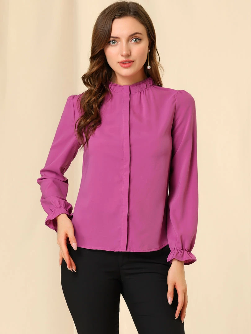 Allegra K Women's Button-Down Work Office Tops Chiffon Ruffled Stand Collar Blouse 34 Allegra K Women's Button-Down Work Office Tops Chiffon Ruffled Stand Collar Blouse