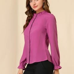 Allegra K Women's Button-Down Work Office Tops Chiffon Ruffled Stand Collar Blouse 69 Allegra K Women's Button-Down Work Office Tops Chiffon Ruffled Stand Collar Blouse
